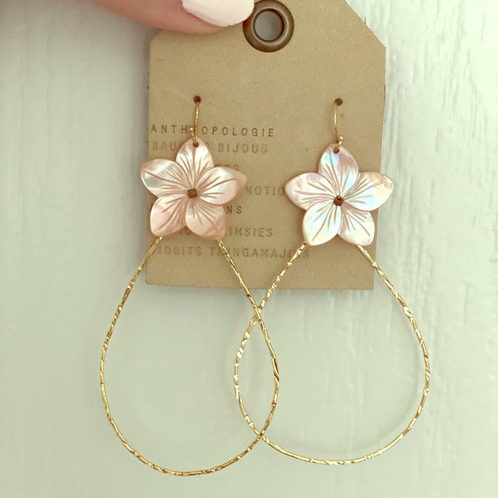 Anthropologie Floral Gold Hoop with Pink Flower